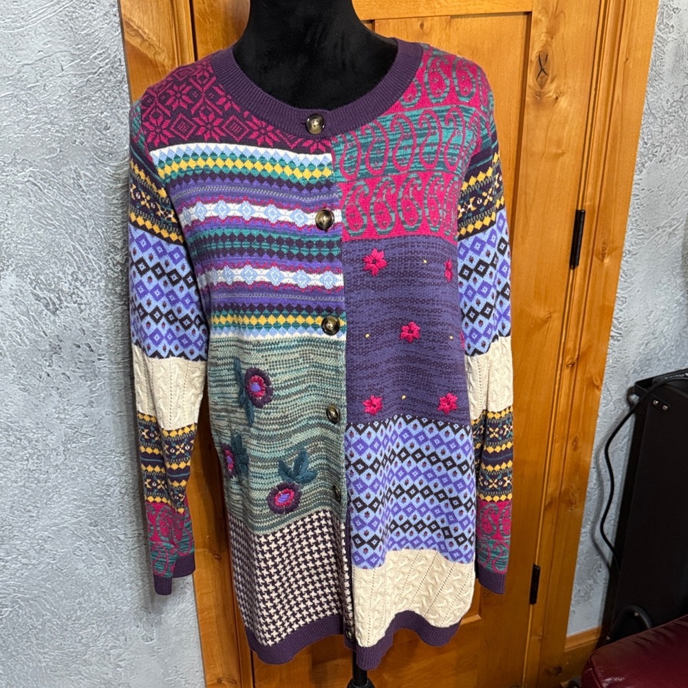 Coldwater Creek Colorful Patchwork Button-Up Sweater